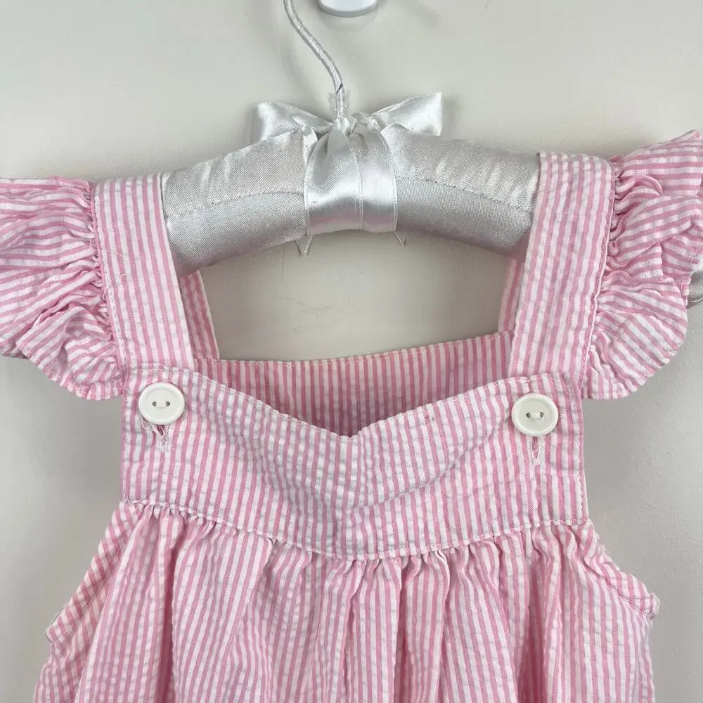 Vintage Samara Pink Seersucker Teddy Bear Bow Pinafore Dress 24 Months